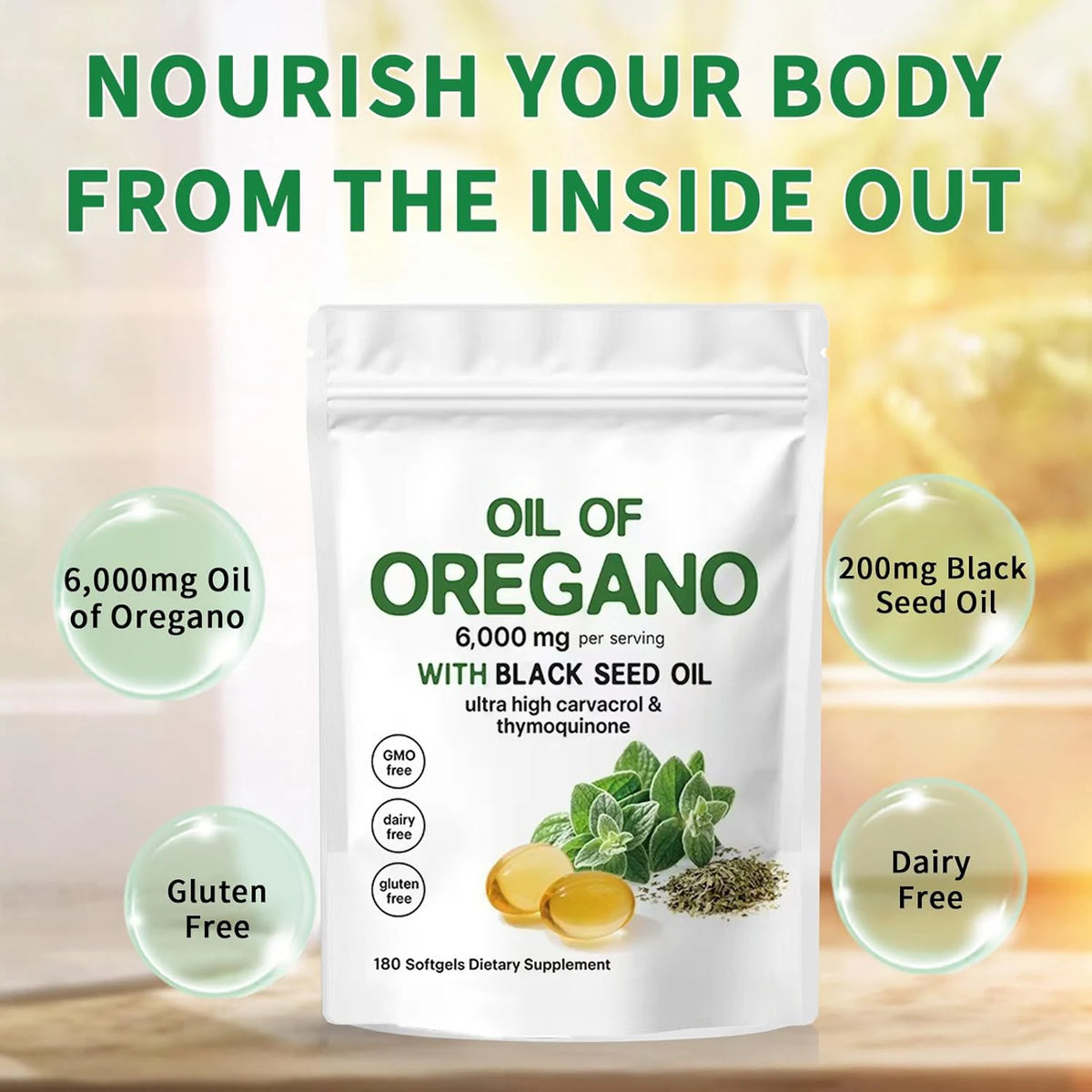 Oil Of Oregano Softgels with Black Seed Oil 6000mg - Premium Grade Oregano Oil Capsules for Immune & Digestive Support - Non-GMO