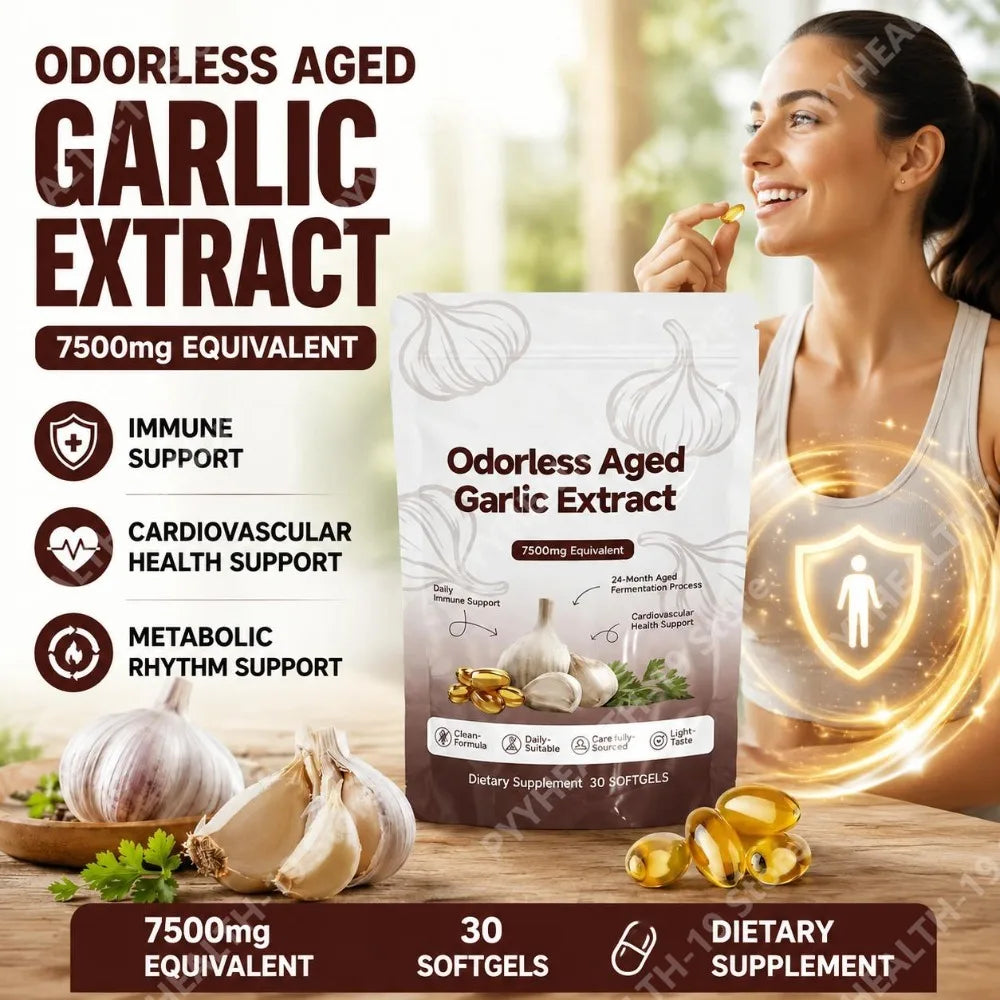 Odorless Aged Garlic Extract Softgels 7500mg Equivalent 24-Month Fermented For Immune Cardio Metabolic Support Adult 30 Count