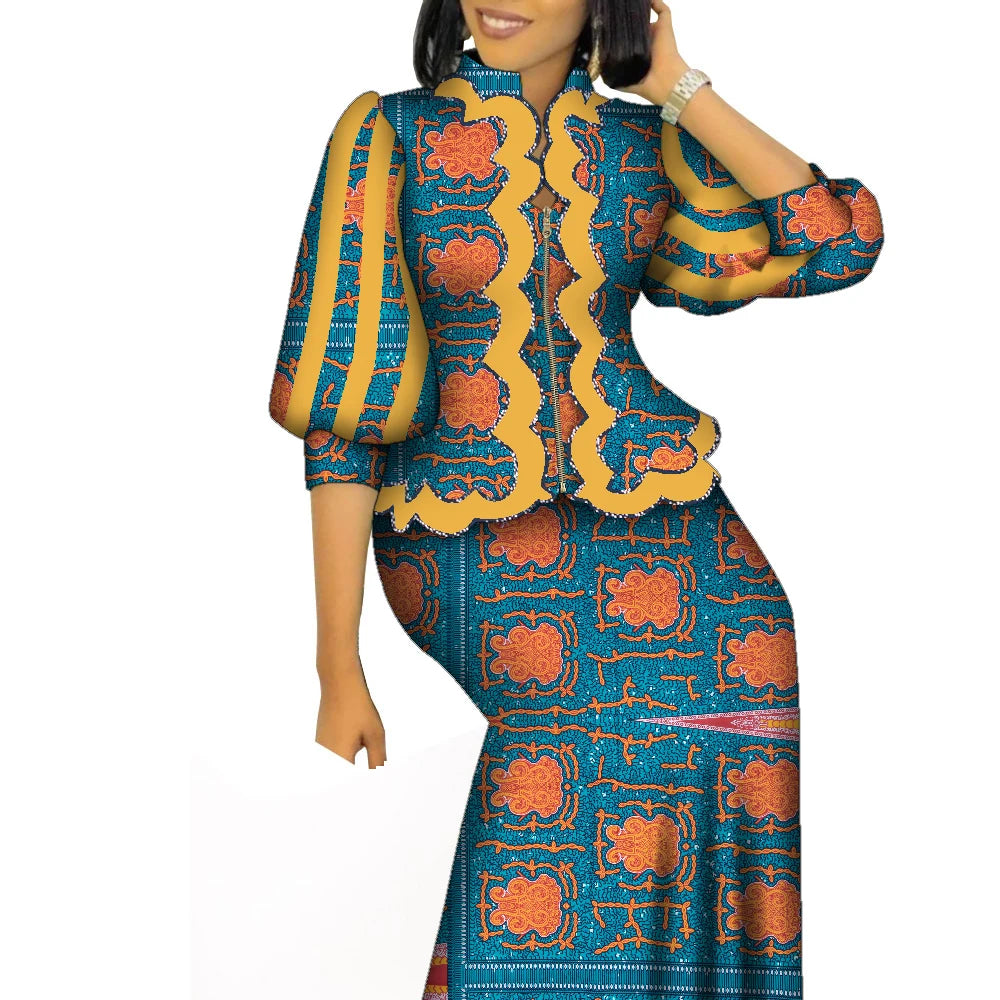 African Outfits for Women Matching 2 Piece Set African Print Puff Sleeve Zipper Top and Long Skirts Suits for Women WY1469