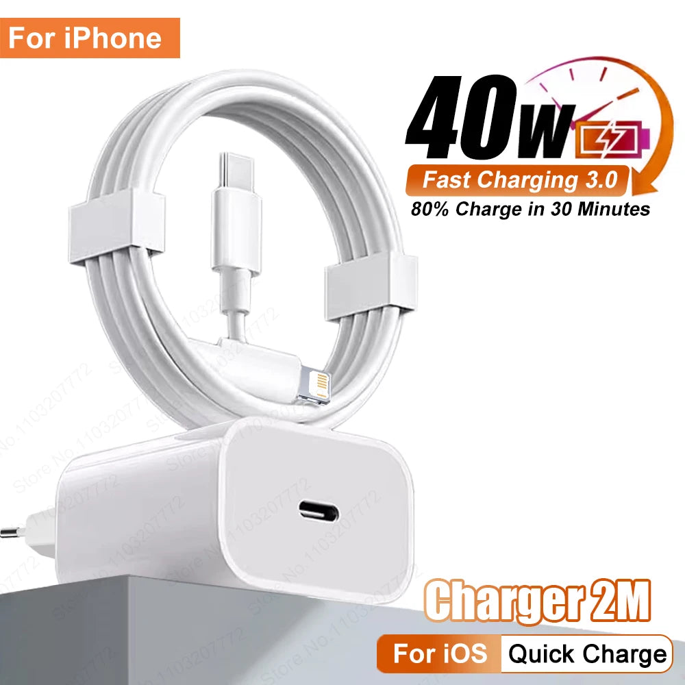 PD 40W Phone Fast Charger For iPhone 17 16 15 14 13 12 11 Pro Max 8 Plus iPad Fast Charging Type C Charge Cable USB C Data Line