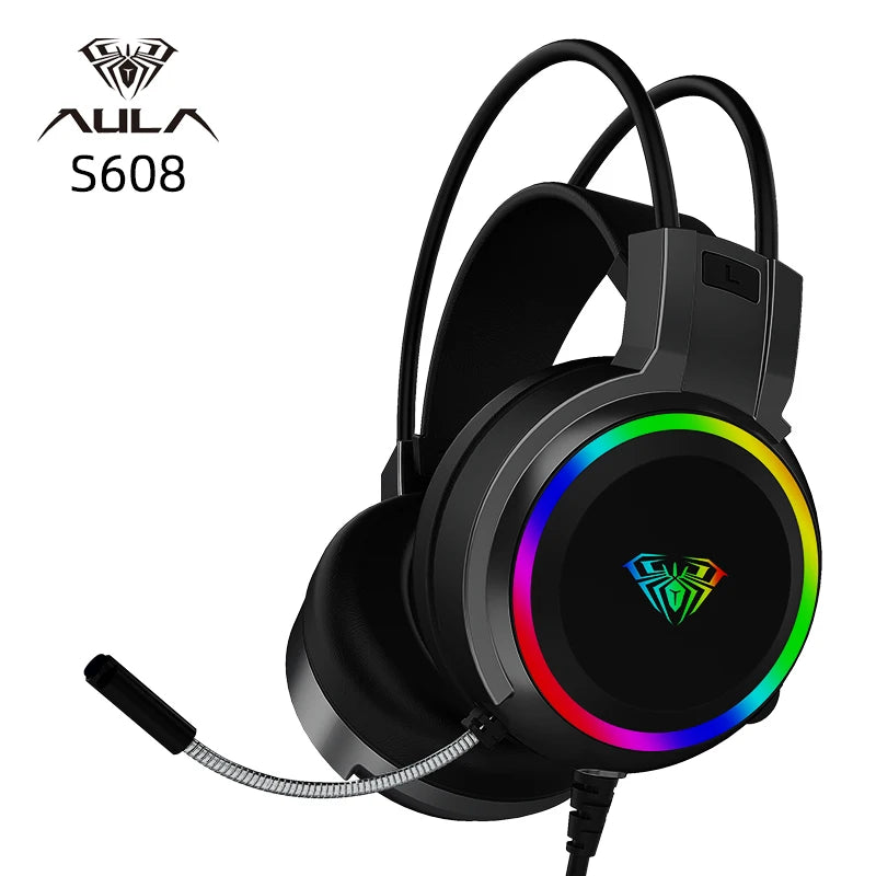AULA S608 Wired Gaming Computer Headset USB/3.5mm RGB Backlight Noise Reduction Esports Gamer Headset with Mic for PC Laptops