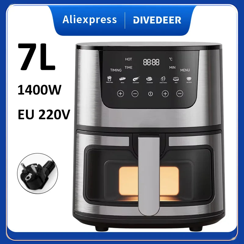 DIVEDEER 7L Household Visual Air Fryer - Large Capacity, Multifunctional, Stainless Steel Design for Home Use (Freidora Aire)