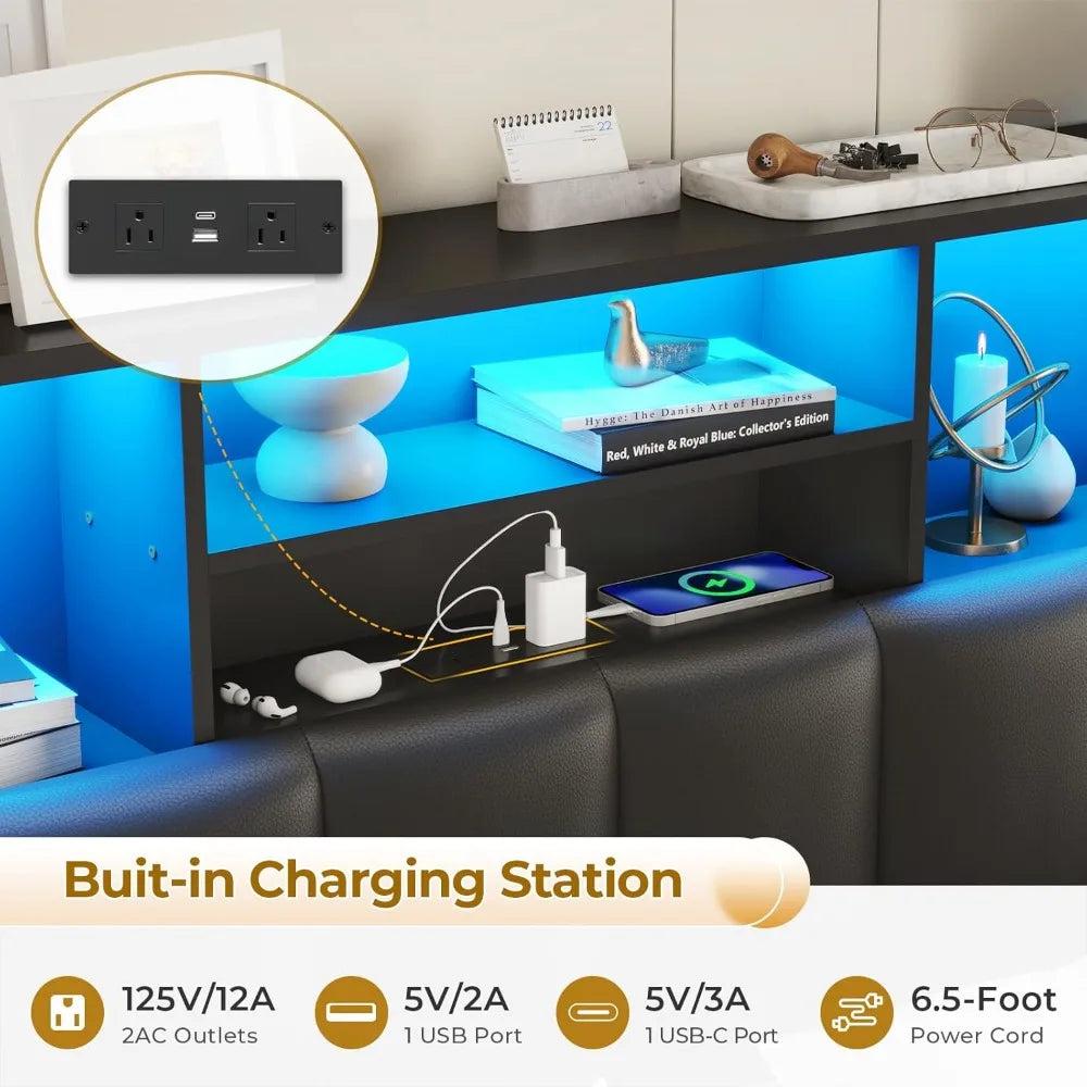 VIAGDO Queen Bed Frame with Bookcase Headboard, Wooden Bed Frame Queen Size with Charging Station, 4 Storage Drawers and LED Lig