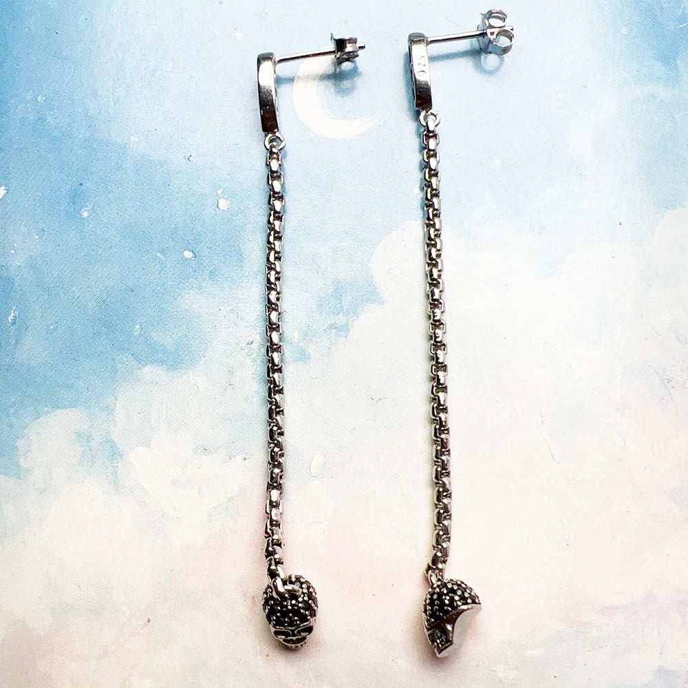 Long Earring Black Stone Skull Women Punk Gift High Quality 925 Sterling Silver Fine Jewelry