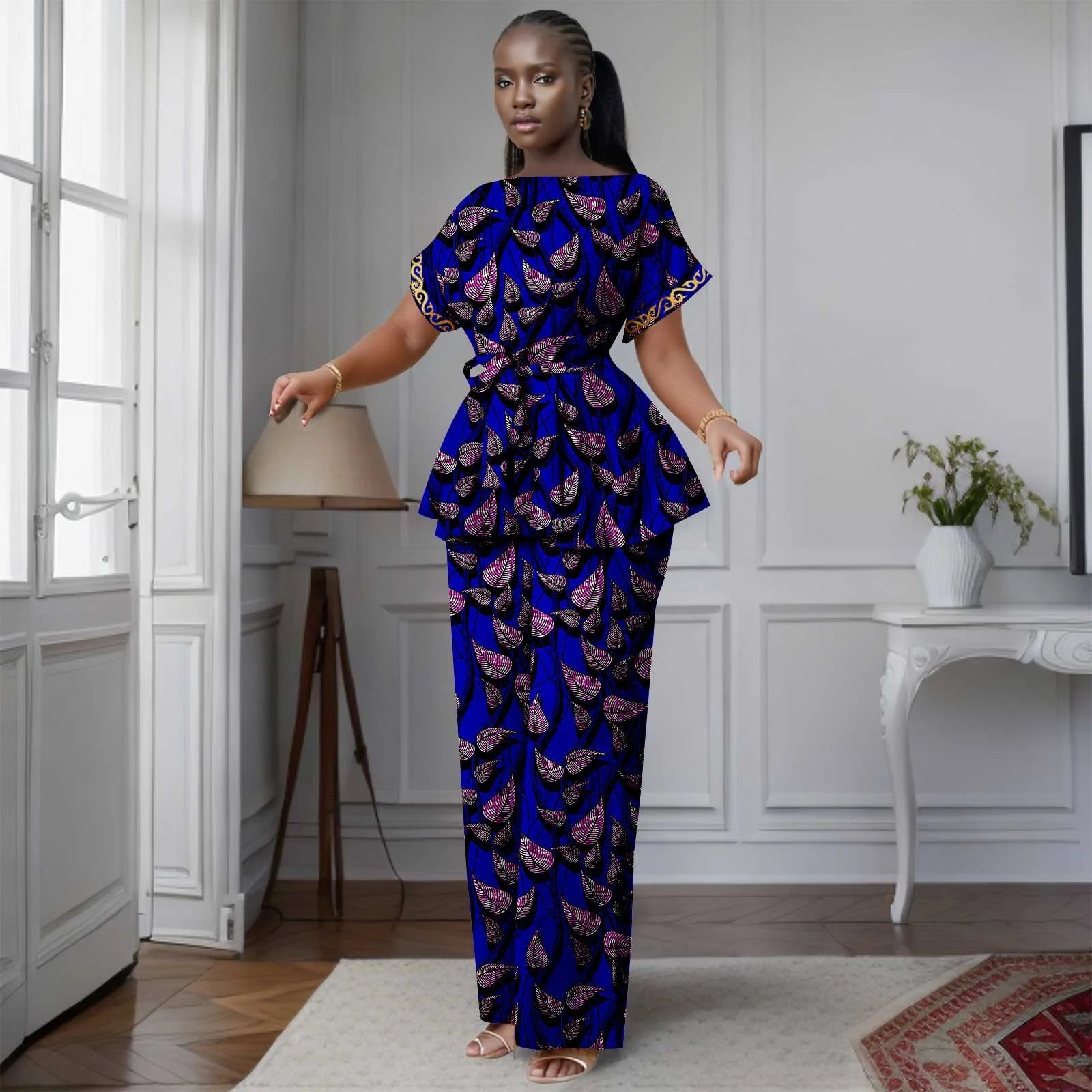 African Women's Printed Ankara Slash Neck Short Sleeve Top Mid-Calf Pants two-piece Set Dashiki Casual Party