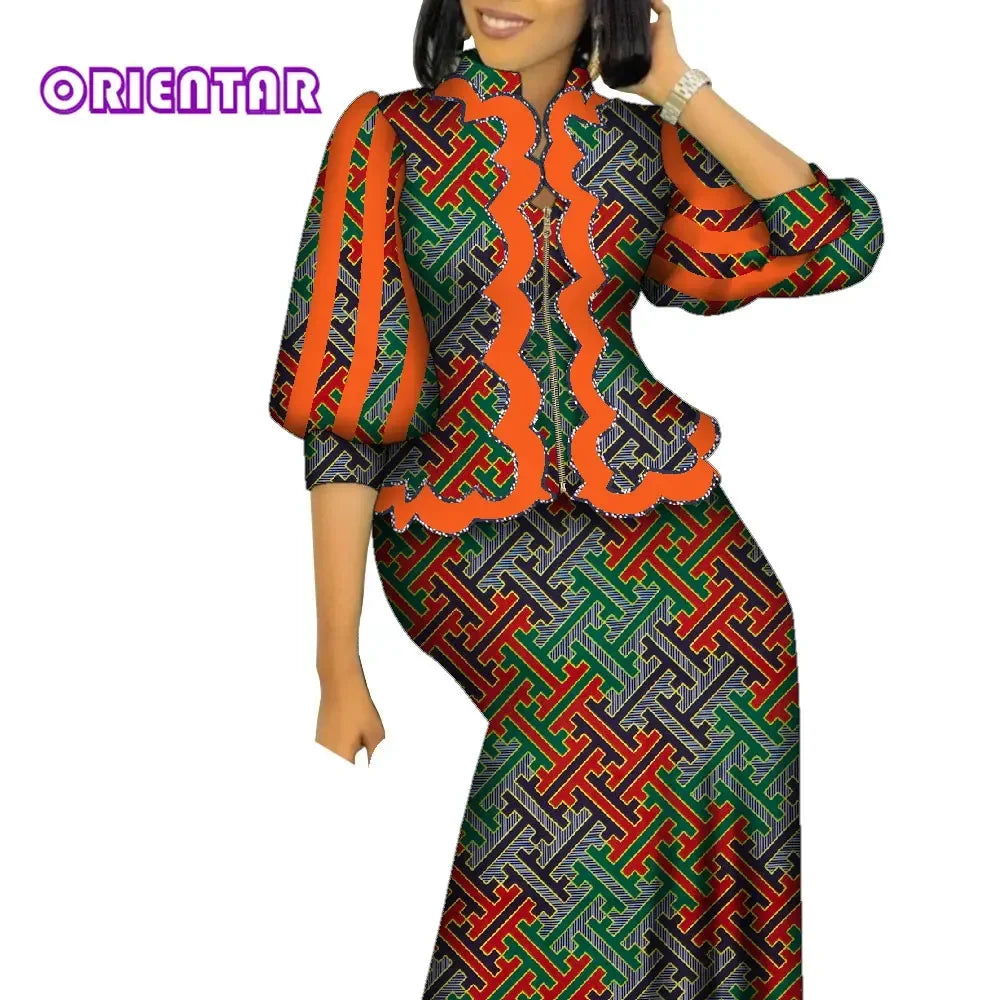 African Outfits for Women Matching 2 Piece Set African Print Puff Sleeve Zipper Top and Long Skirts Suits for Women WY1469