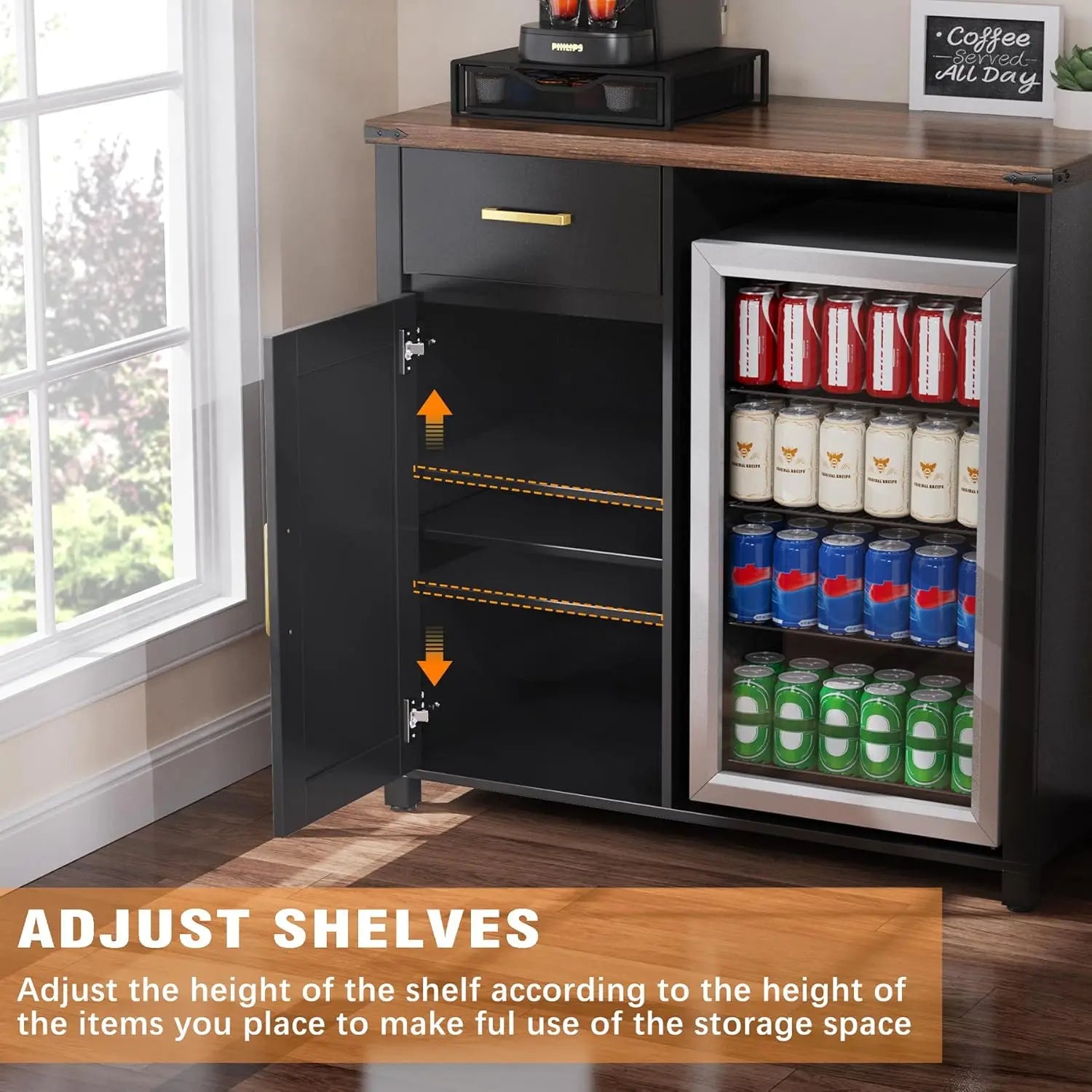 Coffee Bar with Mini Fridge, Cabinet Stand for Dorm, Kitchen, or Office, 39.4' W X 20.9' D