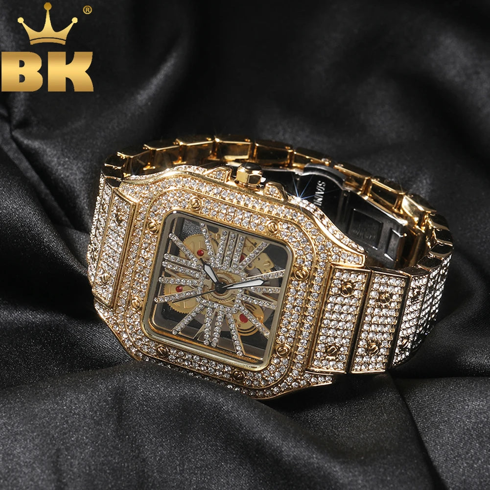 THE BLING KING Iced Out Men Watch Square Dial Quartz Luxury Brand Automatic Wrist Watches Skeleton Clock Hiphop Relogio