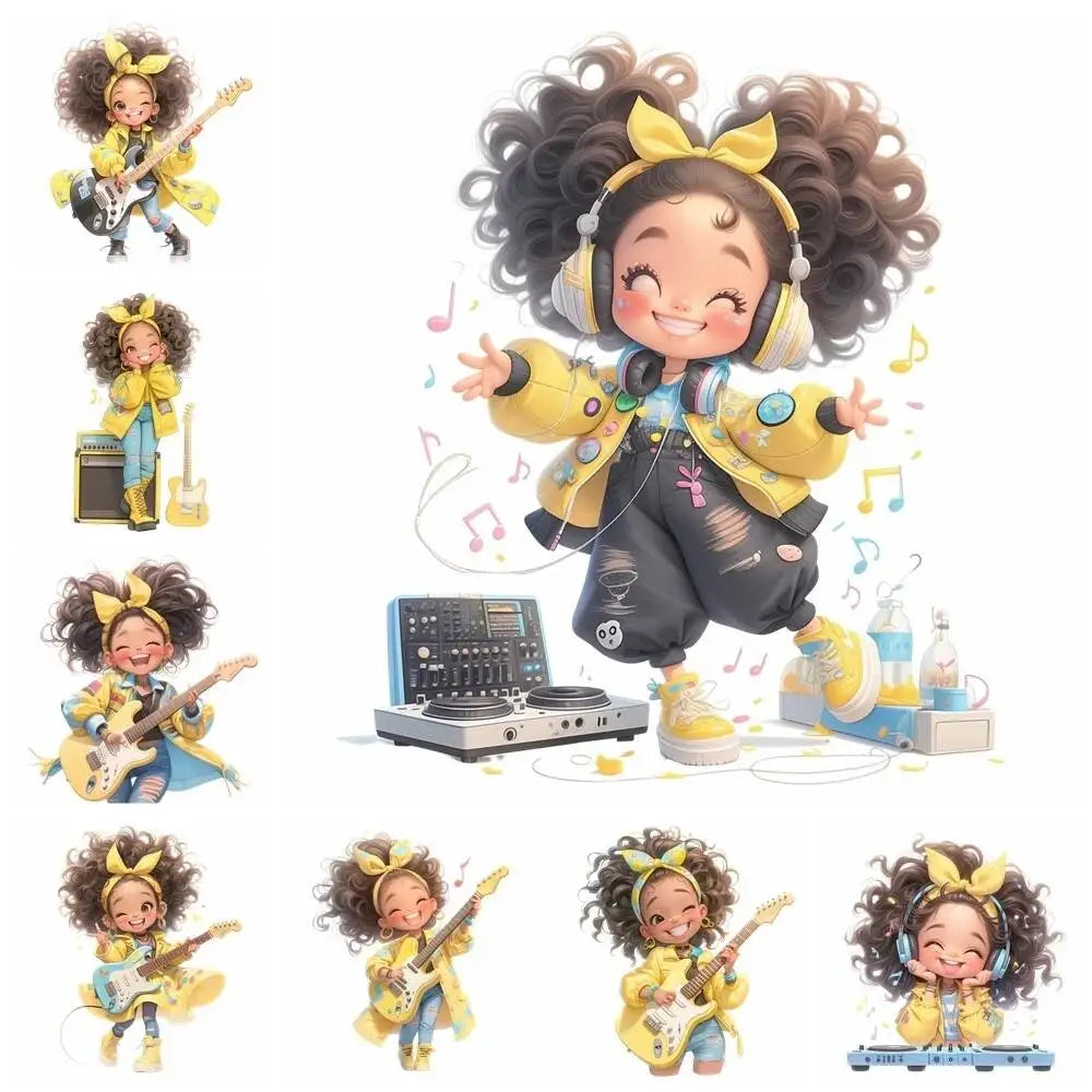 Yellow Guitar Music Girl Heat Transfer Patches For Clothing DIY A-Level Washable T-shirts Iron-on Thermal Stickers