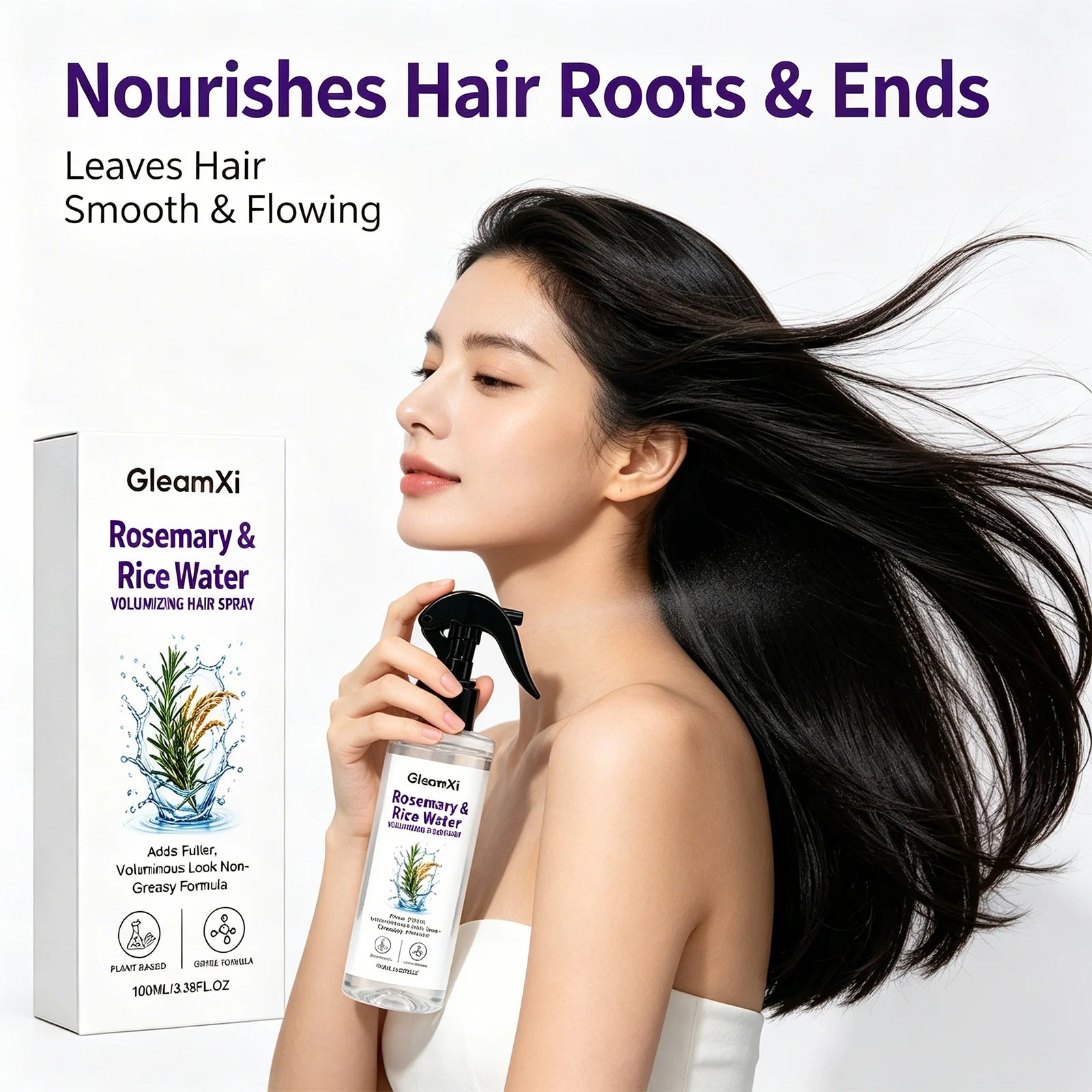 Volumizing Hair Spray Rosemary Rice Water Fine Hair Non Greasy Adds Fuller Look Lightweight Plant Based Daily Use 100ml