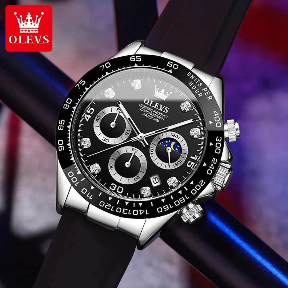 OLEVS 2875 Men Watch Original Fashion Brand Quartz Waterproof Luminous Watch For Man Three Small Dial Sport Moon Phase Watch