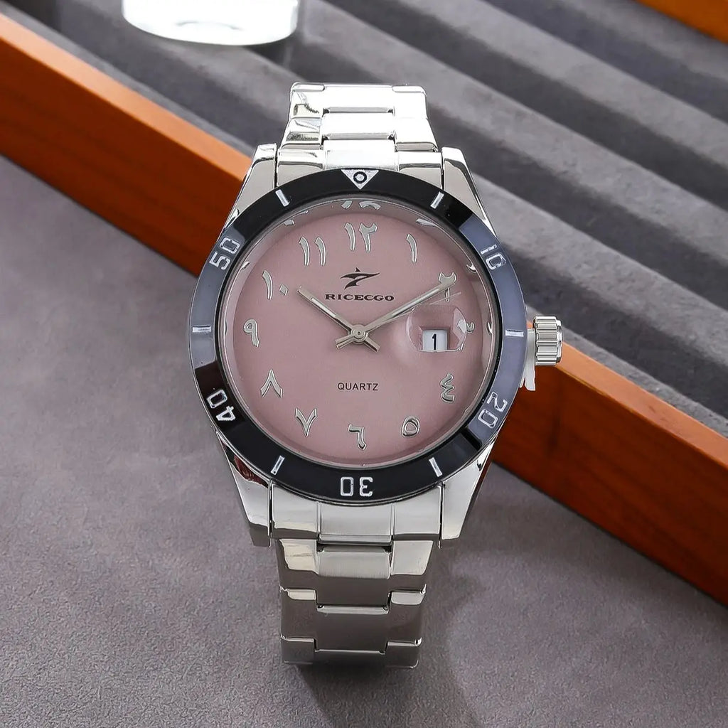 RICECGO quartz movement watch, with a high-quality metal strap, three-dimensional scale with date display, outer ring timing des
