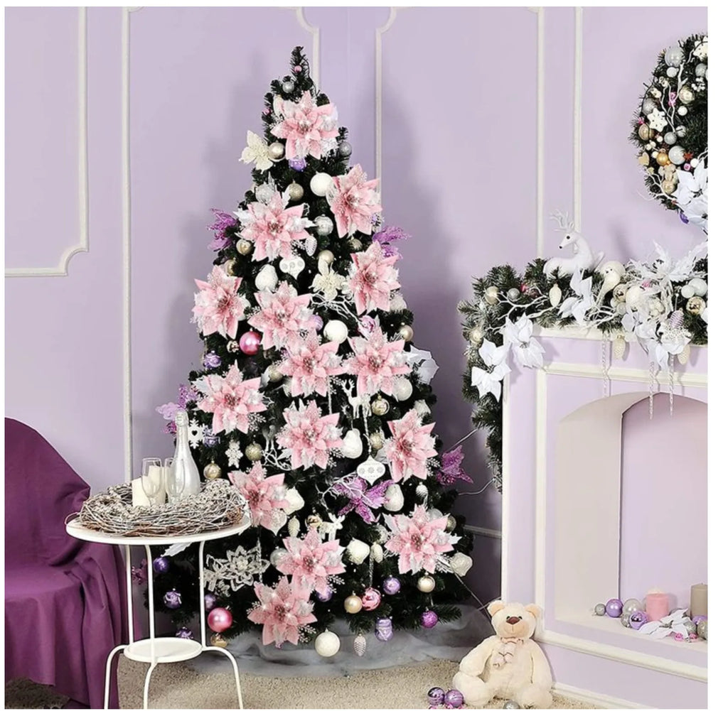 30pcs Glitter Pink Christmas Flowers Xmas Tree 14cm Artifical Flower Ornaments 2023 Merry Christmas Decoration For Home New Year