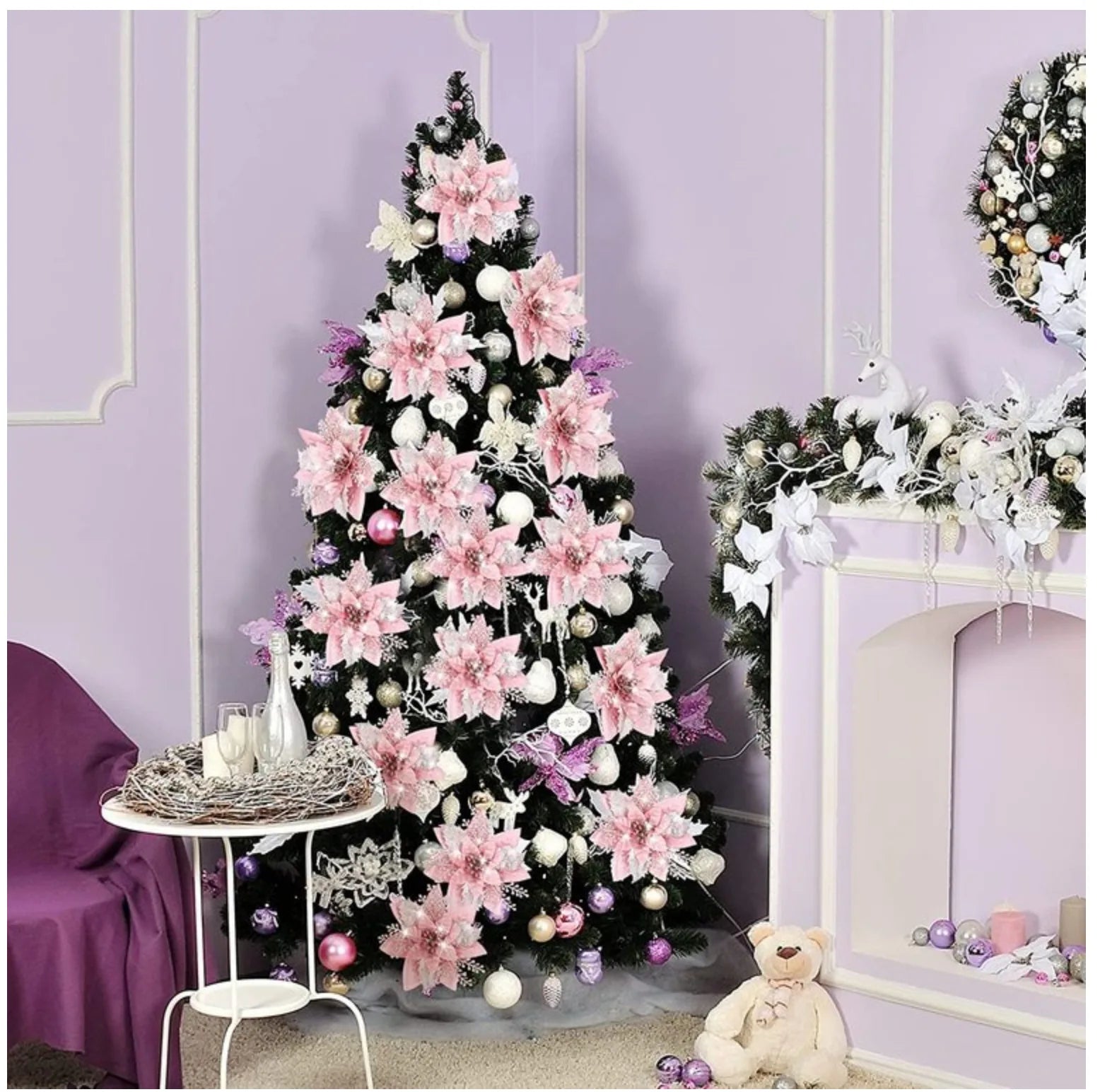 30pcs Glitter Pink Christmas Flowers Xmas Tree 14cm Artifical Flower Ornaments 2023 Merry Christmas Decoration For Home New Year