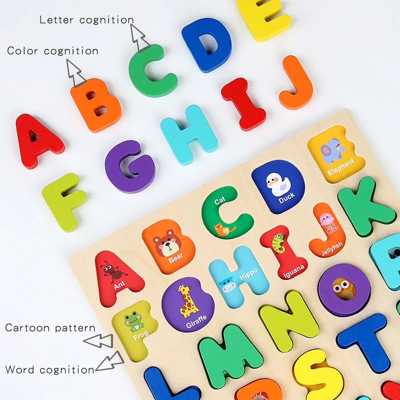 Montessori Wooden Puzzle for Children - Alphabetic Arithmetic Number Geometric Shapes Educational Game Toy for Preschool Learnin