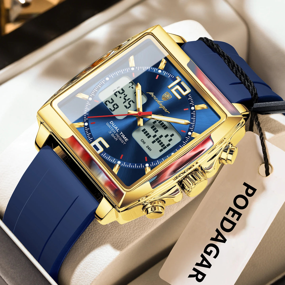 POEDAGAR Luxury Top Man Watch Electronic Square LED Alarm Chronograph Men's Watches Week Date Dual Time Display Men Quartz Clock