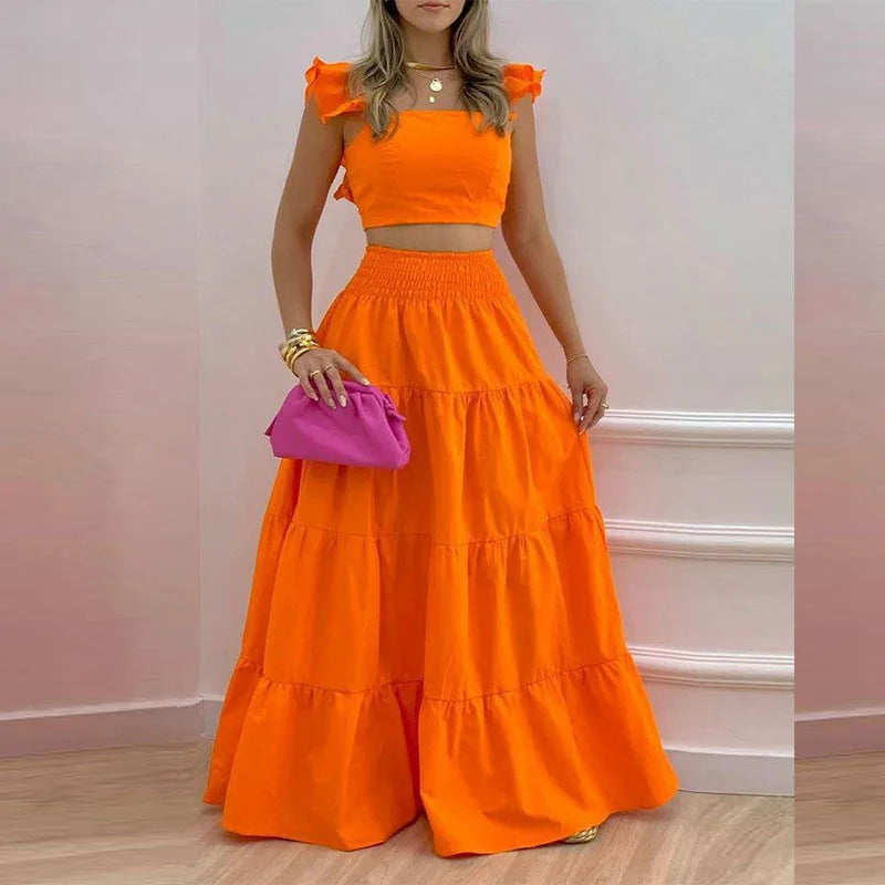 VEITCHE Summer Women Sexy Solid Two Suit Dress Women's Casual Loose Top Maxi Dress 2 Piece Set Female Elegant Holiday Sets