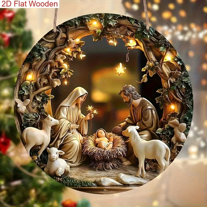 2D Flat Christmas Manger Scene, Wooden Sign, Circular Design, Church Wall Door Decoration, Christian Christmas Home
