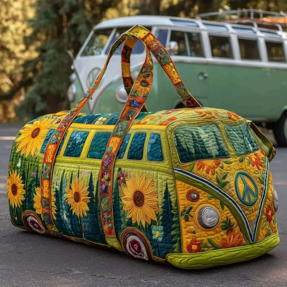 Trendy 3D Quilted Duffle Bag Bus Design Large Capacity Travel Handbag Retro Boho Multifunctional Gym Tote Bag Daily Outings