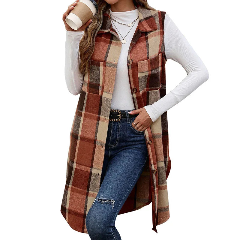 Autumn Winter Plaid Svel Stand Collar Open Cardigan Vest Vintage Long Women's Jaet Mid-Length Striped Floing
