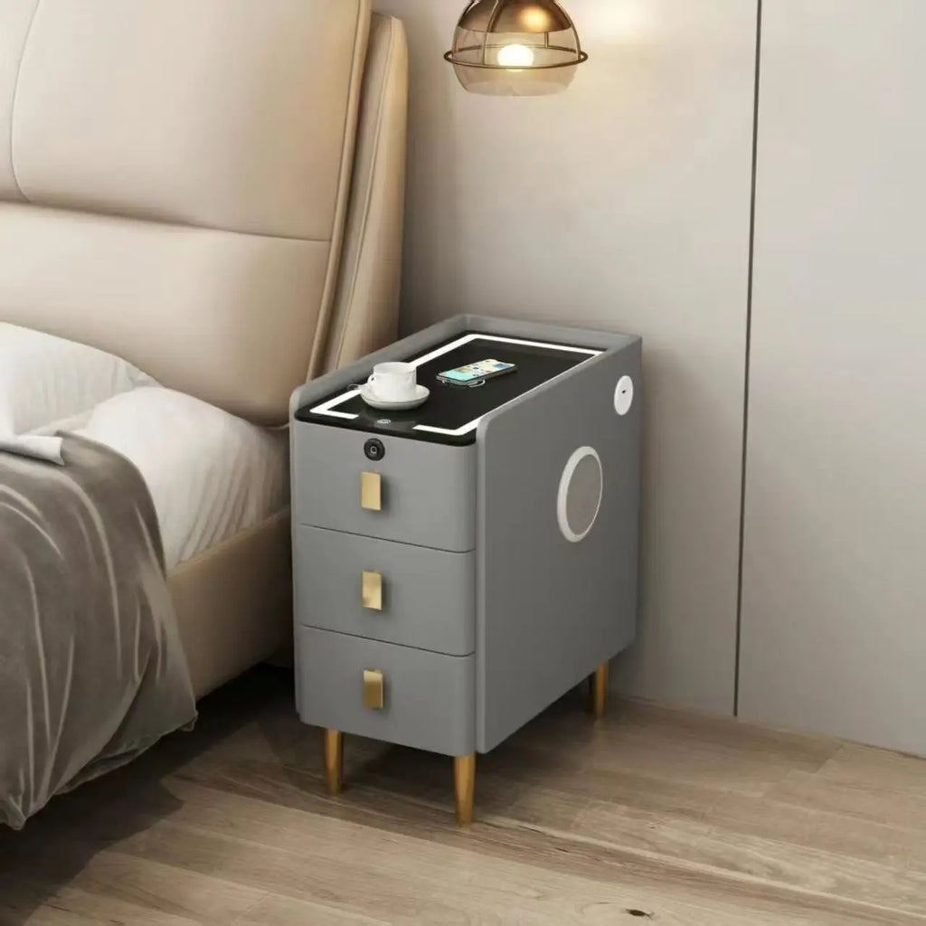 Nordic Style Intelligent Solid Wood Bedside Table Faux Leather 3 Drawers Nightstands with Wireless Charging Side Storage Cabinet