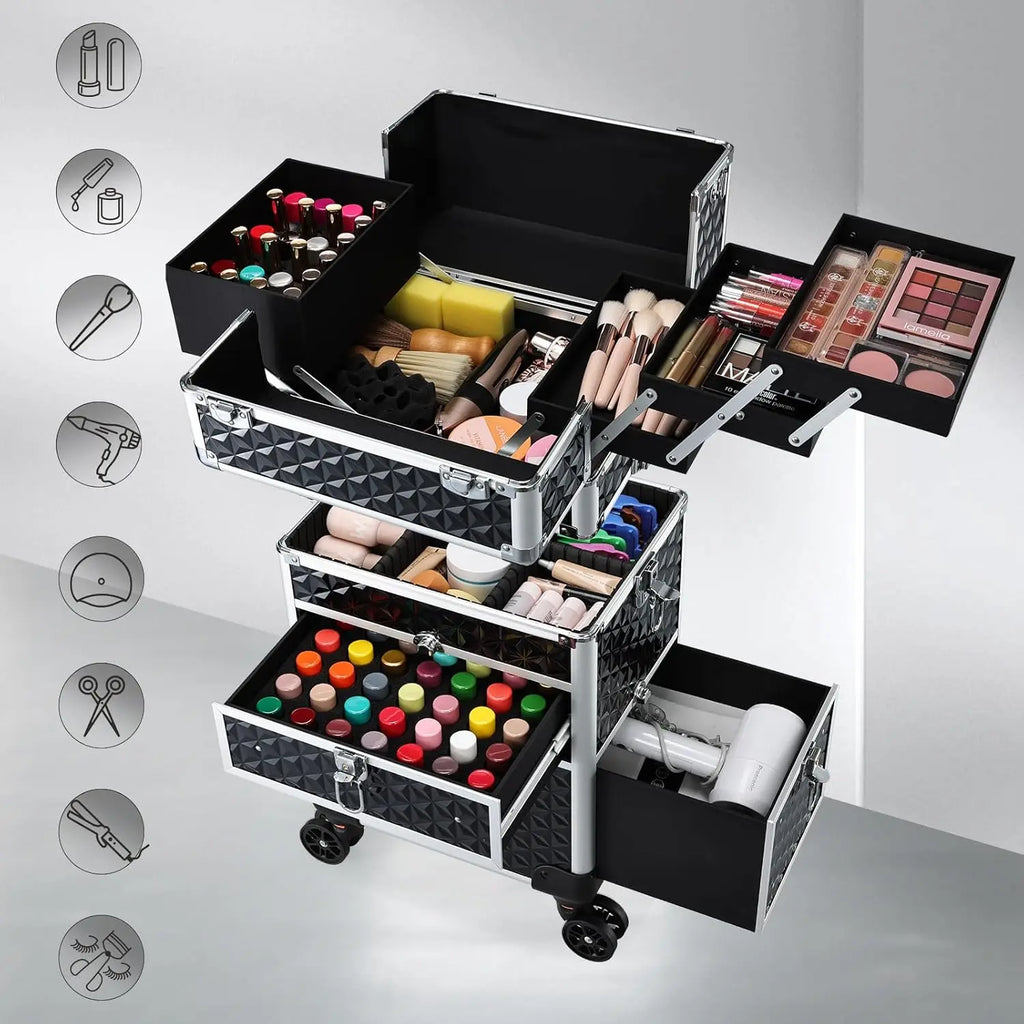 Rolling Makeup Case with Wheels Drawers Large Professional Cosmetology Trolley Case Lockable Travel Cosmetic Storage Train Cases