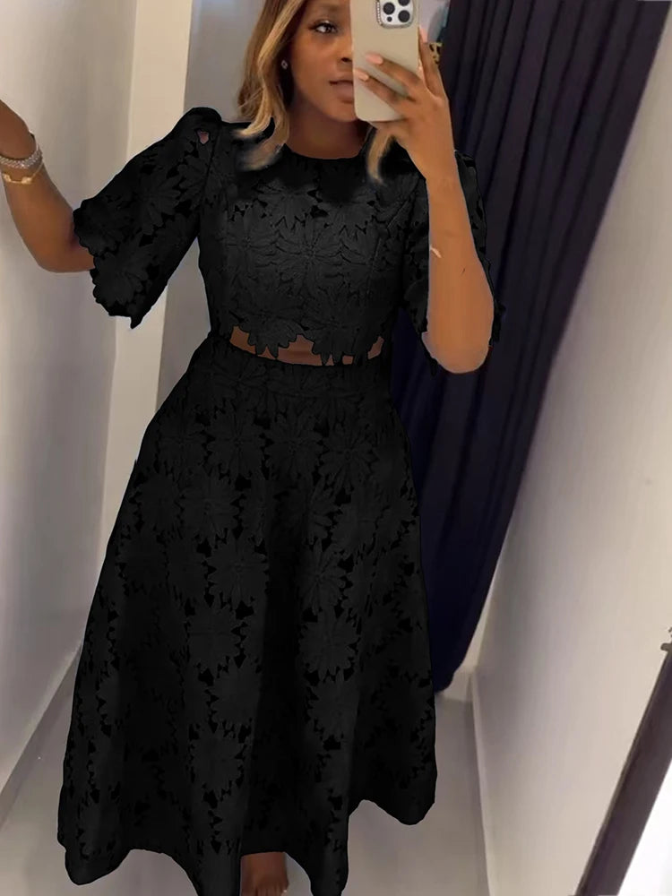 Skirt and Top Two Piece Set Women Sweet Style Appliques Hollow Out Ladies A Line Summer Dress Set Wholesale Dropshipping