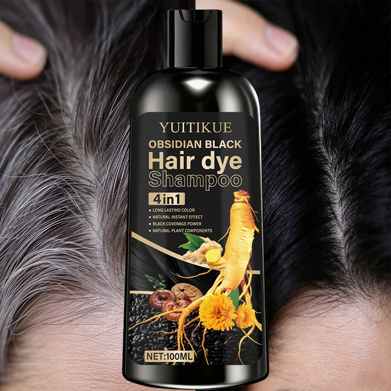 Obsidian black hair dye shampoo 4-in-1, long-lasting color, natural instant effect, black coverage, natural plant ingredients
