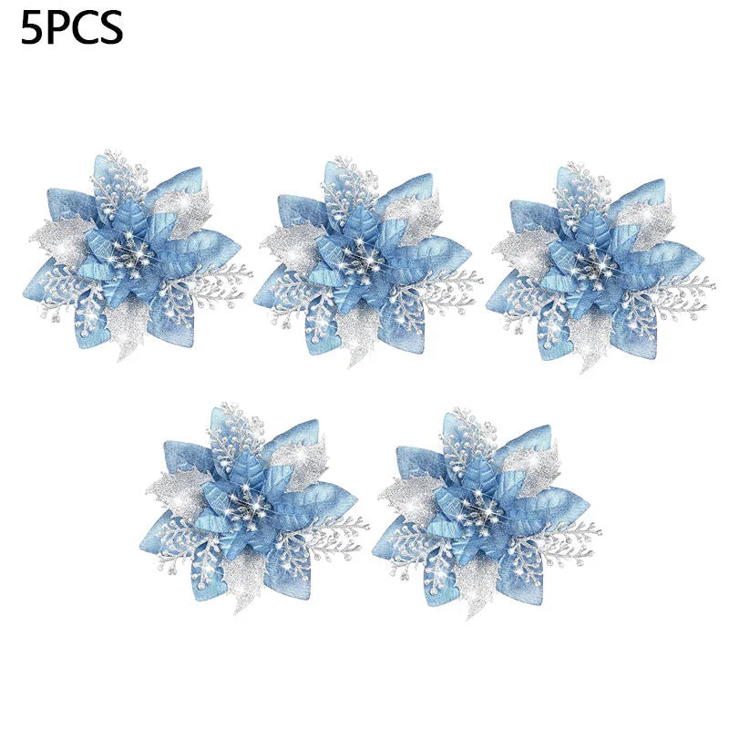 Glitter Artifical Christmas Flowers Mreey Christmas Tree Decoration Happy New Year Ornaments Xmas Fake Flowers Natal