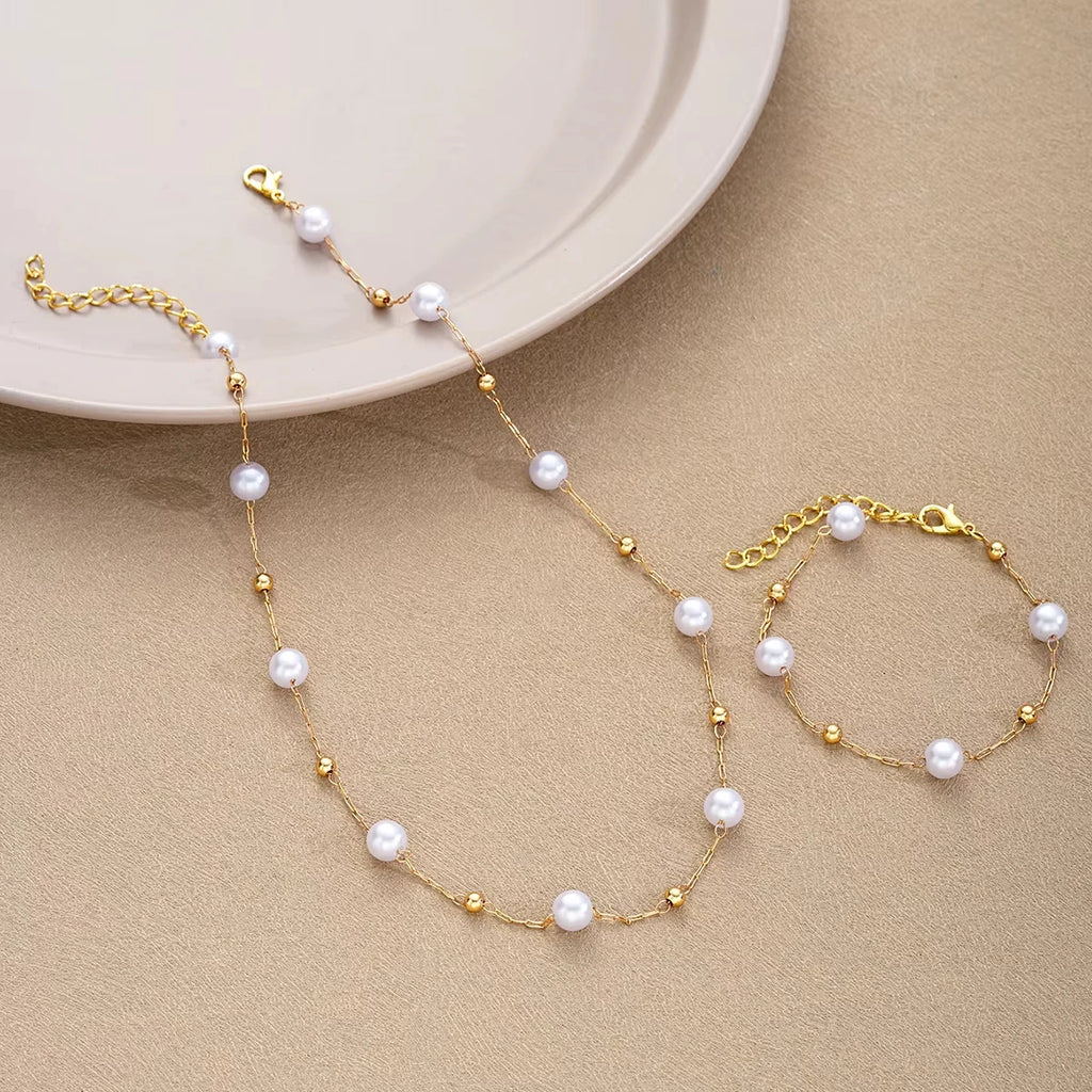 2 Pcs Exquisite Gold Color Bohemian Jewelry Set for Women Fashion Pearl Cross Pendant Necklace Bracelet Set Casual Jewelry Gifts
