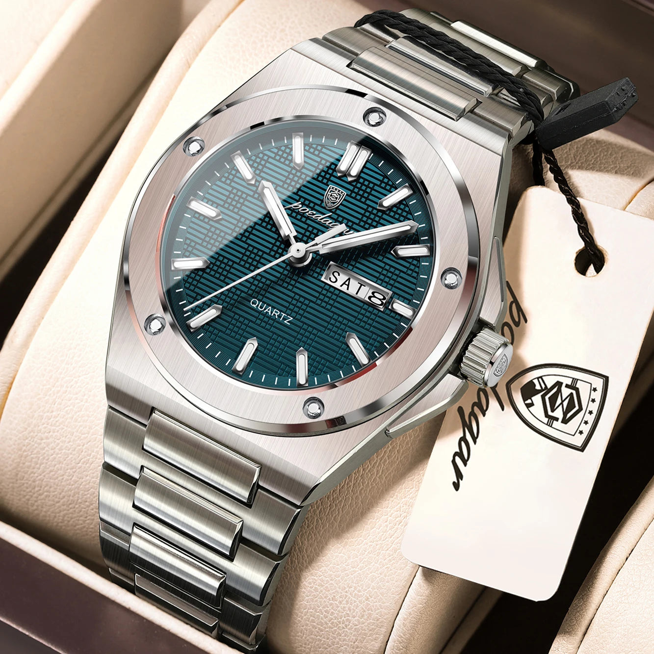 POEDAGAR Business Quartz Men's Clock Date Week Waterproof Luminous Sport Male Watch Stainless Steel Casual Watches For Man Reloj