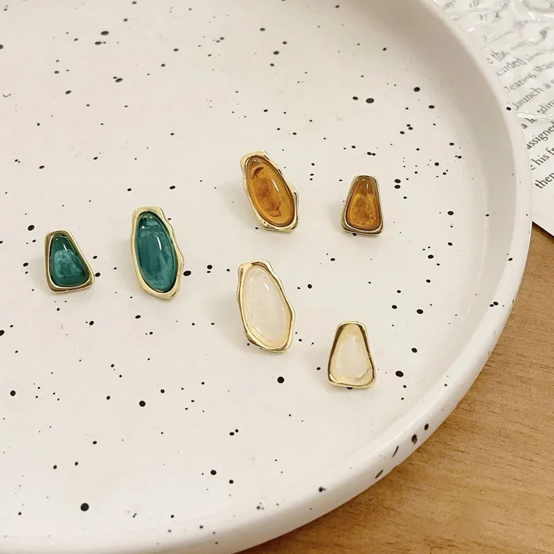 Simple Temperament Gradient blue-green Irregular Geometric Asymmetrical Stud Earrings Vintage Fashion Jewelry For Women