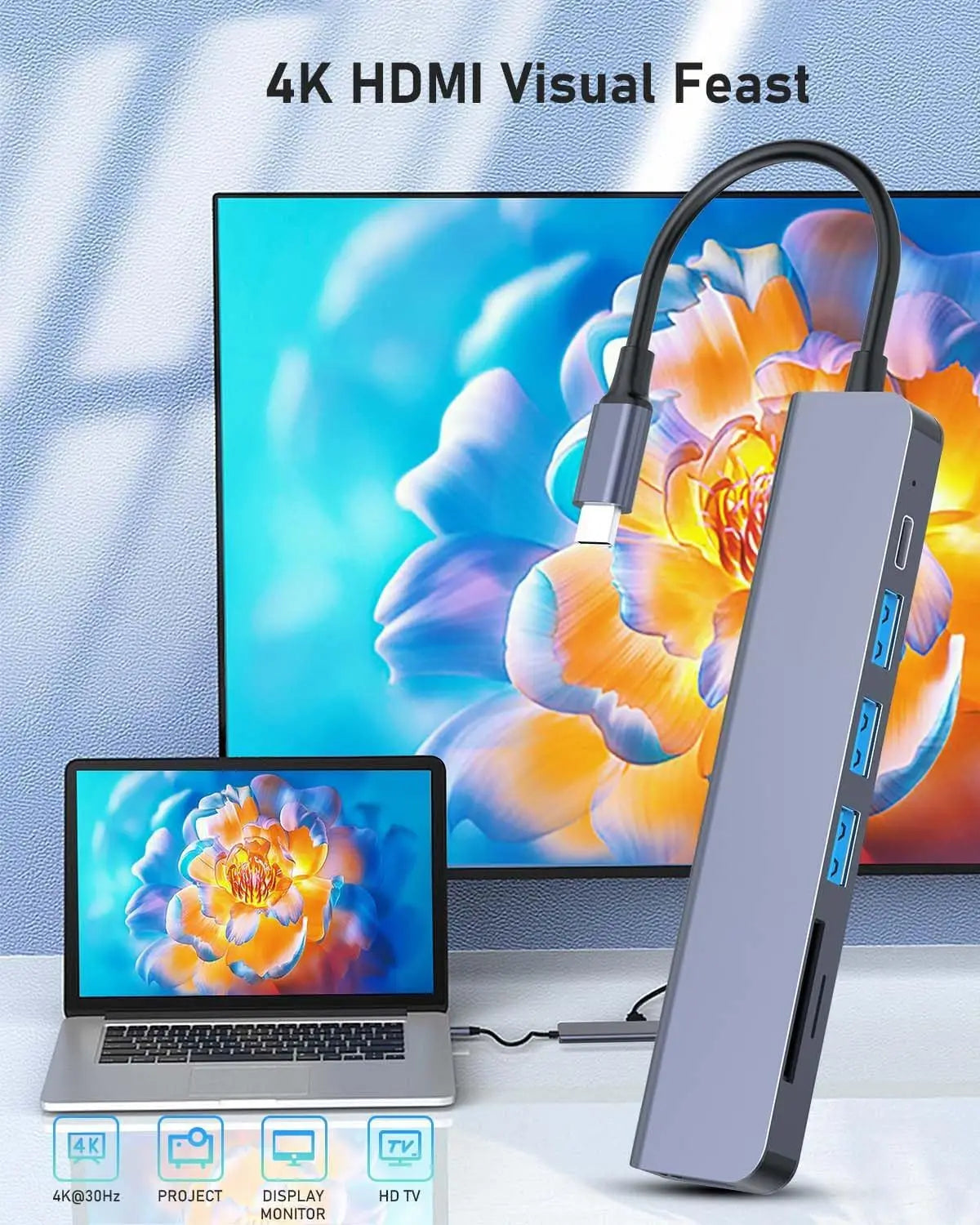 7-in-1 USB C Hub, 4K HDMI USB 3.0 Docking Station, 87W PD Charging, SD/TF Card Reader, Compatible for Laptop, Tablet, Phone