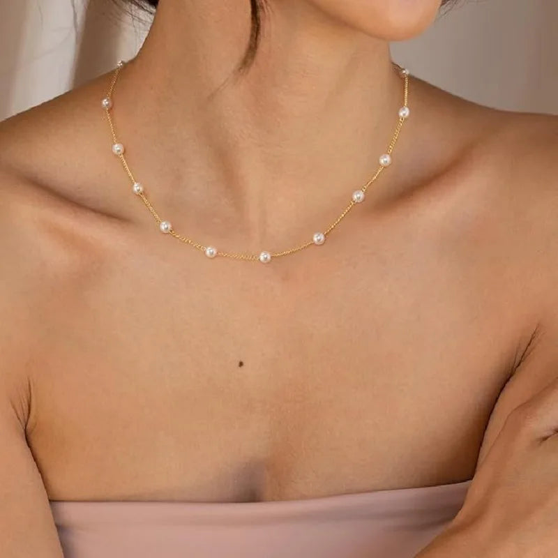 CARLIDANA Hot Selling High Quality Pearl Chain Stainless Steel Gold Plated Beaded Necklace Bracelet Set Jewelry for Women