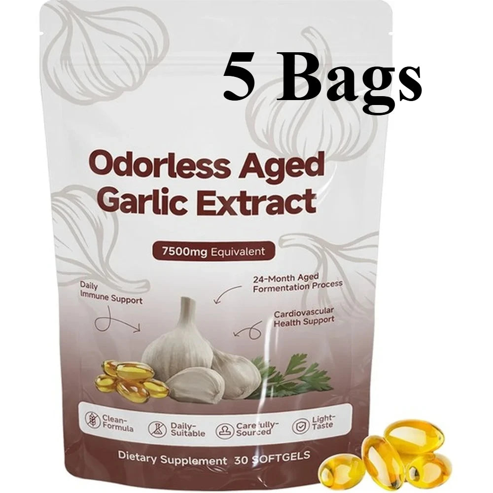 Odorless Aged Garlic Extract Softgels 7500mg Equivalent 24-Month Fermented For Immune Cardio Metabolic Support Adult 30 Count