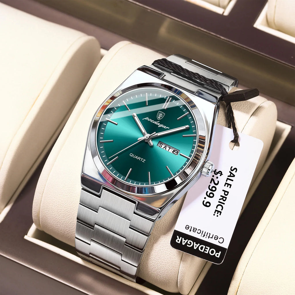 POEDAGAR Luxury Men's Watches Waterproof Luminous Date Week Men Watch Stainless Steel Casual Fashion Quartz Man Wristwatch Reloj