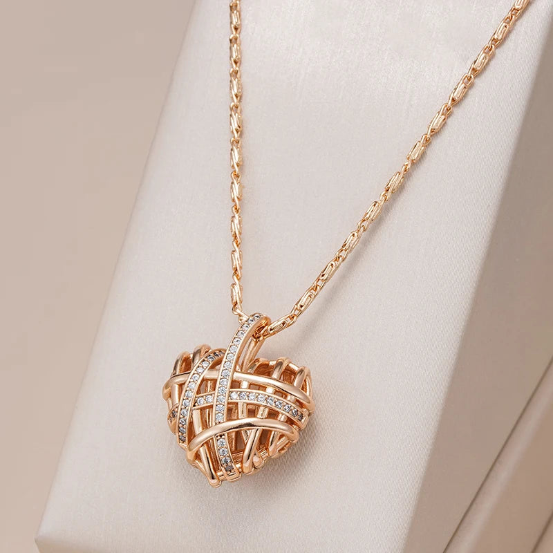 Kinel Unique Hollow Heart Pendant Necklace for Women Natural Zircon With 585 Rose Gold Color Modern Party Wedding Daily Jewelry