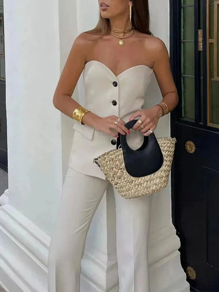 HH 2024 Women Solid Tube Top Pant Suit Sleeveless Off Shoulder Single Breasted Tube Top+All-match Straight Trousers Set TRAF