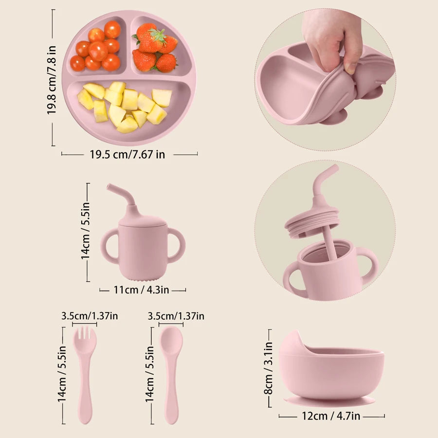 New BPA Free Silicone Baby Feeding Set Sucker Bowl Dinning Dishes Plate Straw Cup Spoon Forks For Kids Children‘s Tableware