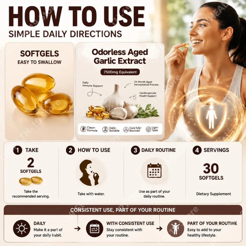Odorless Aged Garlic Extract Softgels 7500mg Equivalent 24-Month Fermented For Immune Cardio Metabolic Support Adult 30 Count