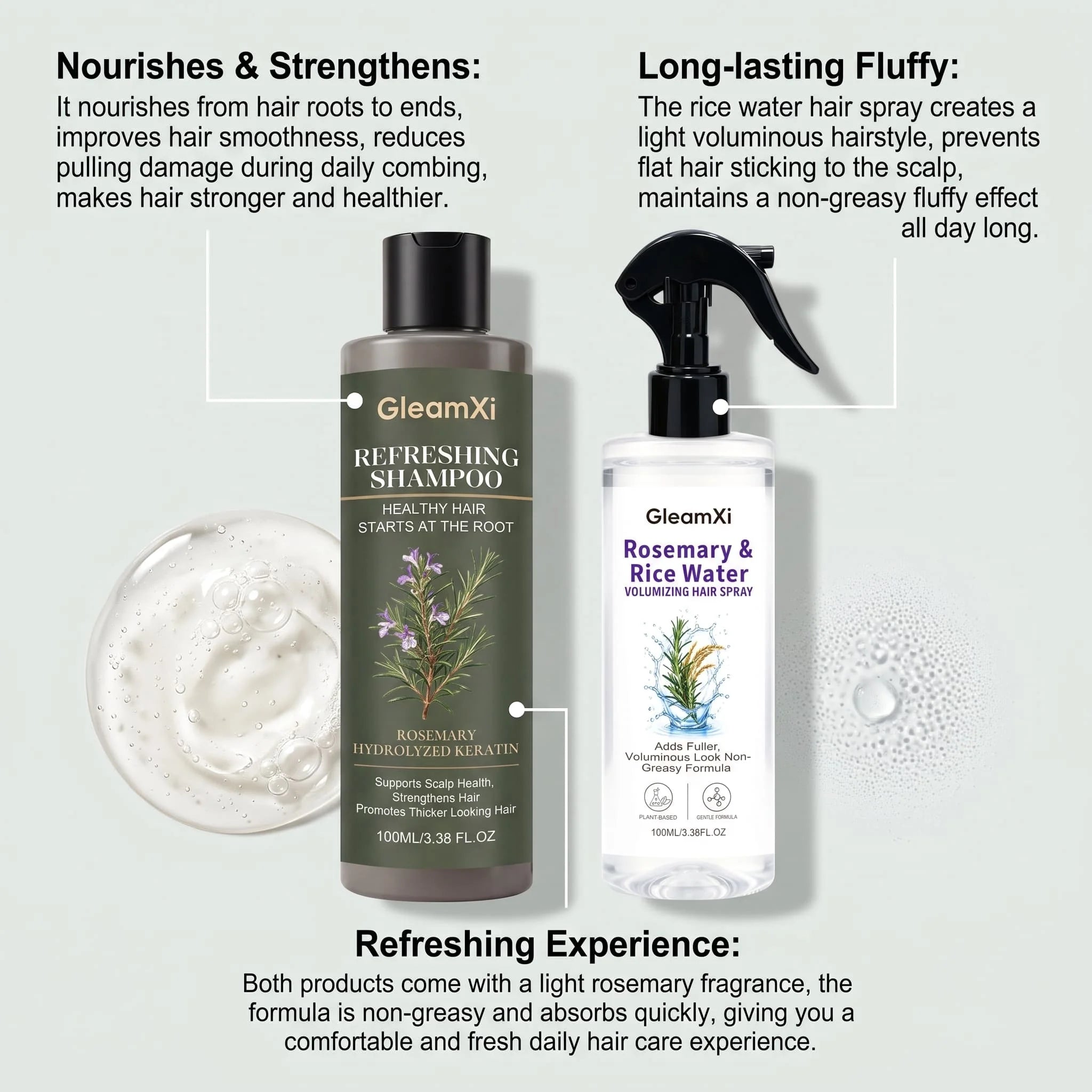 Rosemary Shampoo Set With Hair Root Care Spray Volumizing Smoothing Frizz Control Moisturizing Nourishing Scalp Gentle Cleanse