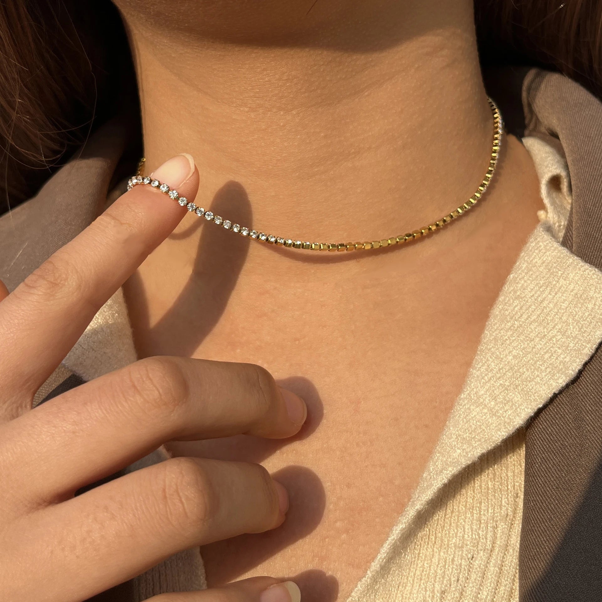 Trendy Iced Out Tennis Chain Set Gold Silver Color Stainless Steel Choker Necklace Bracelet for Women Party Jewelry Sets 2025
