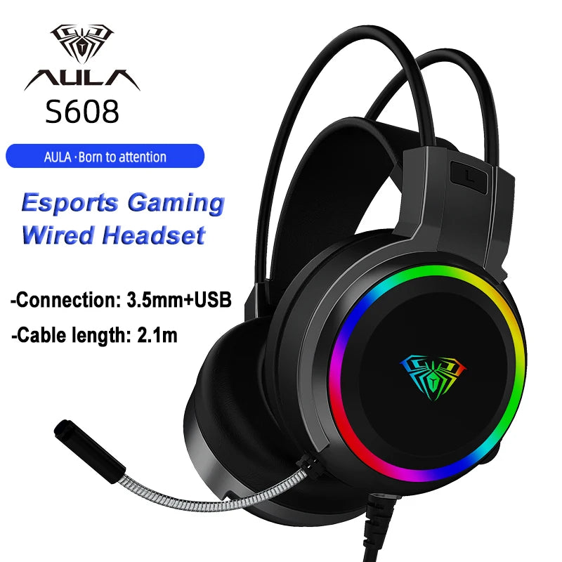AULA S608 Wired Gaming Computer Headset USB/3.5mm RGB Backlight Noise Reduction Esports Gamer Headset with Mic for PC Laptops