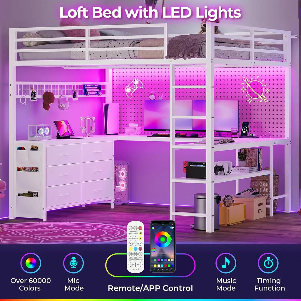 Loft Bed Full Size with U-Shaped Desk, 6 Storage Drawers, Power Outlet, LED Metal Loft Bed with 2 Storage Shelves,White
