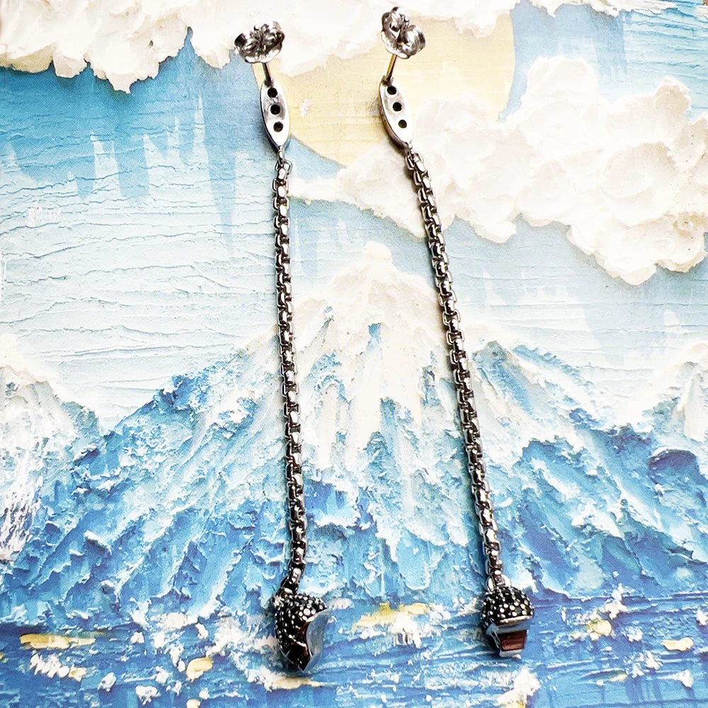 Long Earring Black Stone Skull Women Punk Gift High Quality 925 Sterling Silver Fine Jewelry