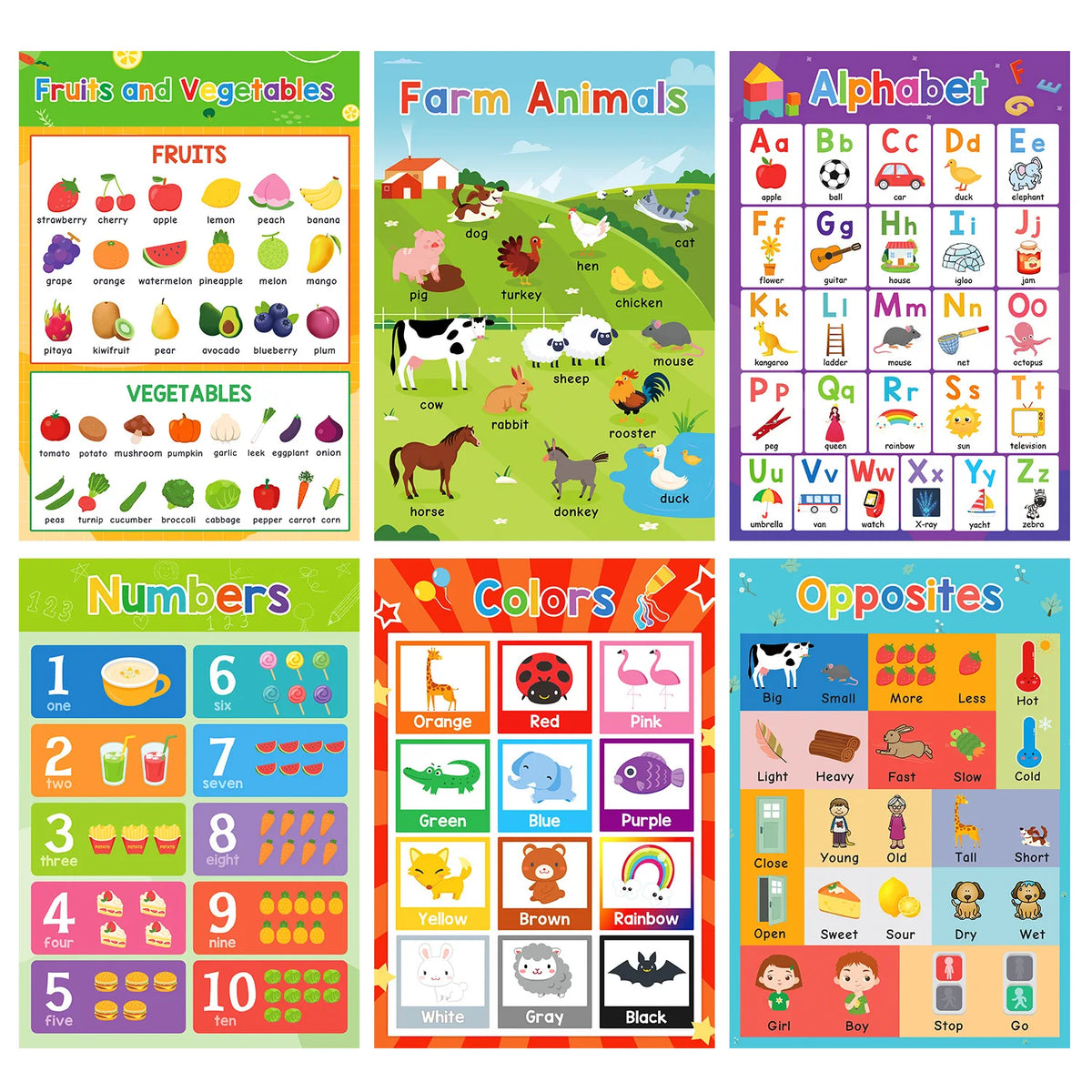 Classroom Decoration Big Card Montessori Educational Posters for Preschool Kids English Words Learning Charts Teaching Aids