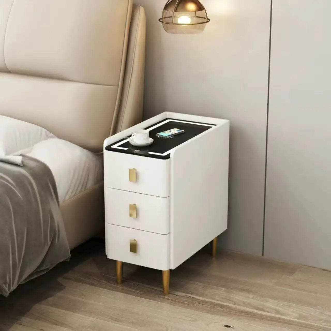 Nordic Style Intelligent Solid Wood Bedside Table Faux Leather 3 Drawers Nightstands with Wireless Charging Side Storage Cabinet