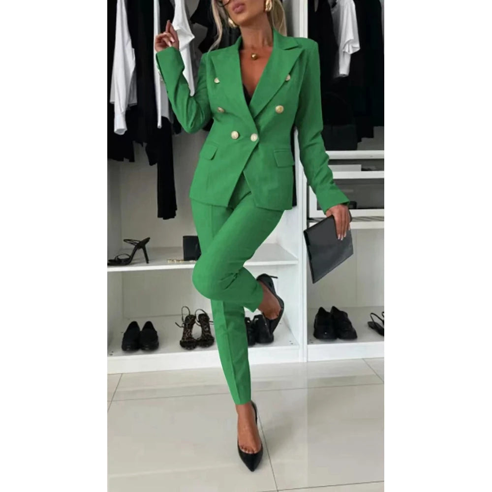 Women Casual Plain Blazer Coat & Work Pants Set Formal Solid OL Style 2 Pieces Set Bussiness Office Lady Suit Sets Workwear