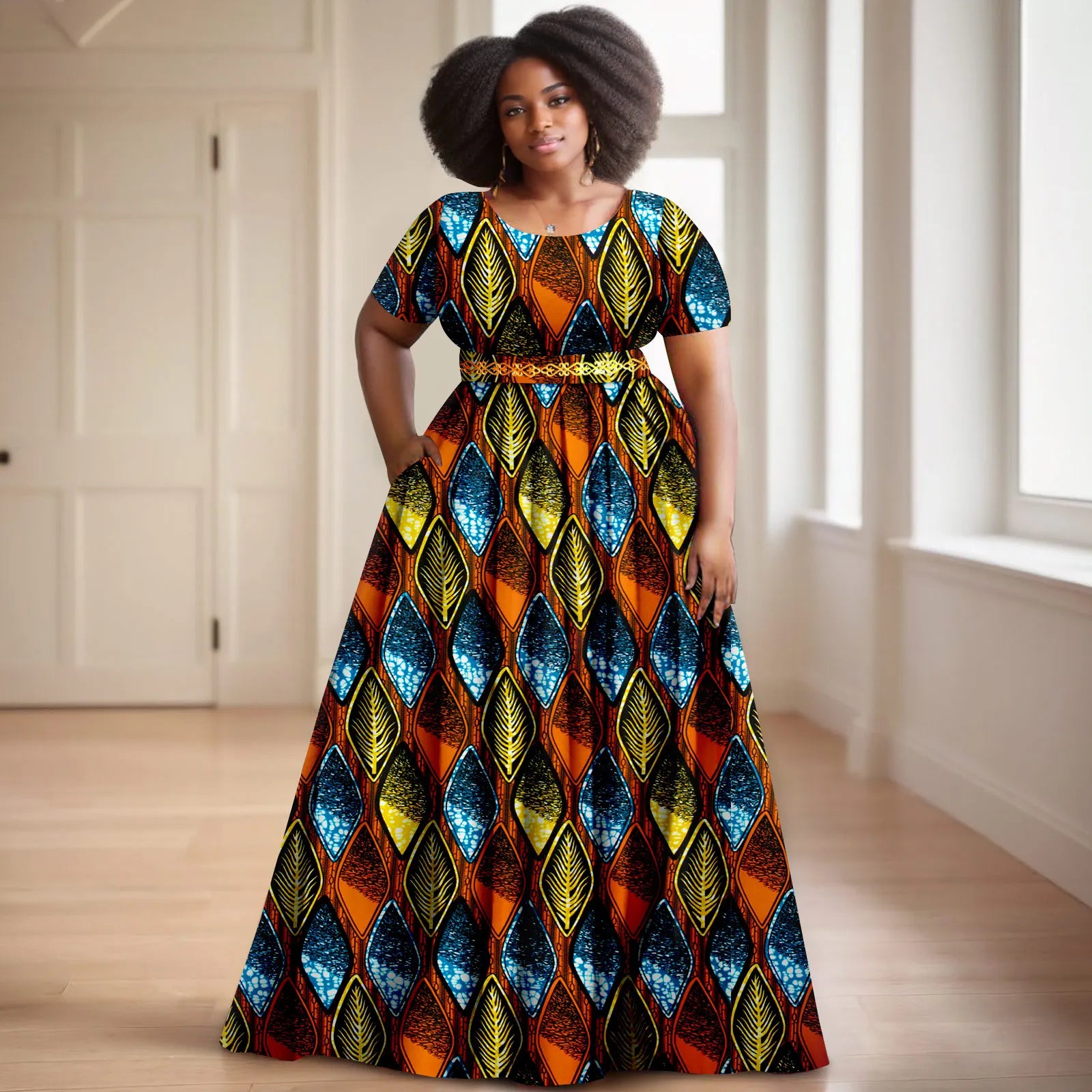 Afripride African Women's Dresses Ankara Batik Short Sleeve Gold Stamped Belt Accessory Dress 2425127