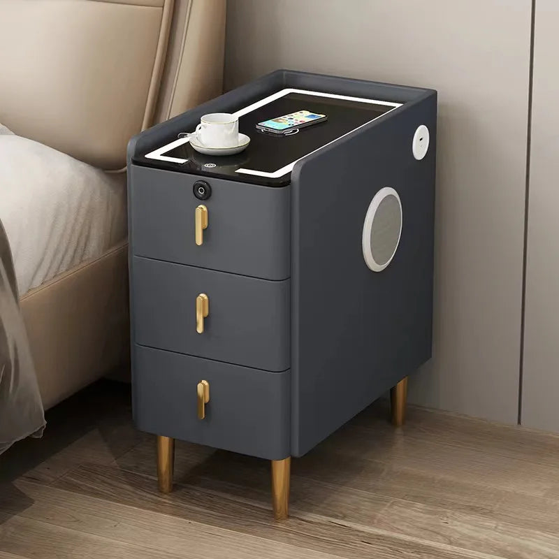 Modern Style Intelligent Wooden Bedside Table with Wireless Charging Faux Leather 3 Drawers 25cm Nightstands Storage Cabinet